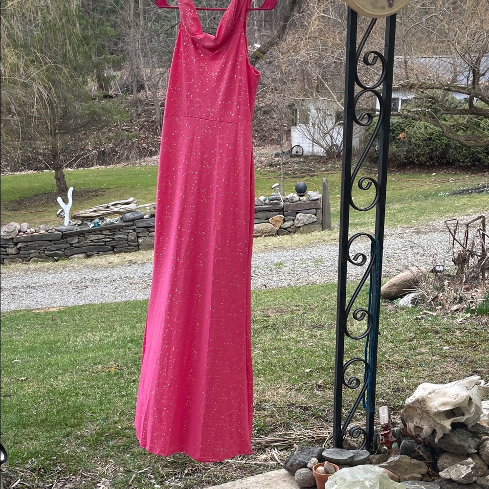 Hot pink stretchy off-shoulder evening gown